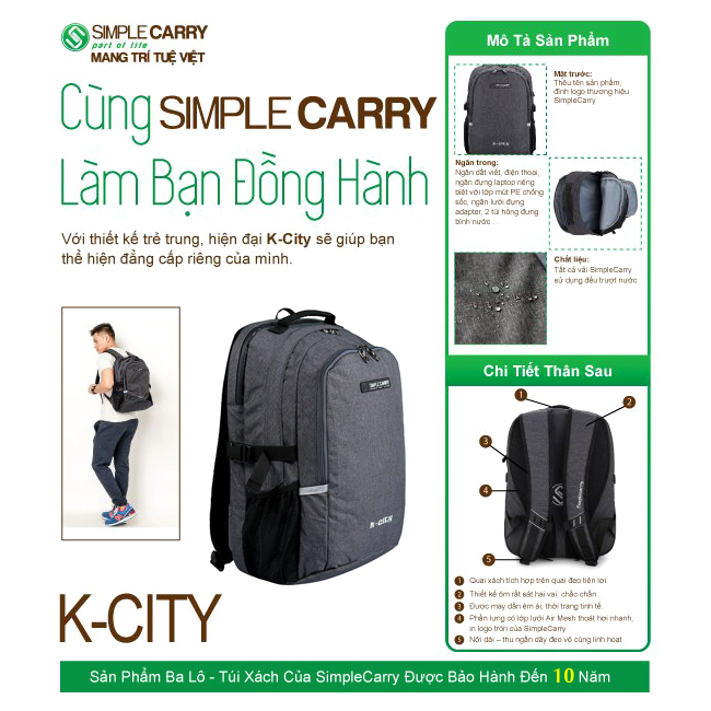 Balo du lịch, balo laptop cho nam Simplecarry K-City chính hãng, bảo hành 10 năm toàn quốc