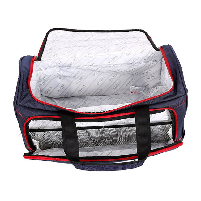 Các ngăn của túi du lịch Sakos Stilo màu xanh tím than viền đỏ