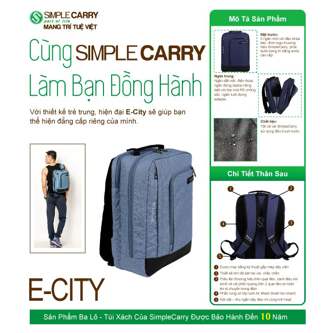 Balo Simplecarry E-City chính hãng, bền bỉ - thời trang - tiện dụng, bảo hành 10 năm chính hãng