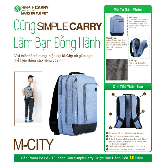 Balo Simplecarry M-City chính hãng, bền bỉ - thời trang - tiện dụng, bảo hành 10 năm chính hãng