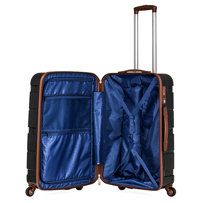 Ngăn trong vali thiết kế tiện lợi, có vách chia vali, các ngăn nhỏ và dây đai chữ X giữ đồ.